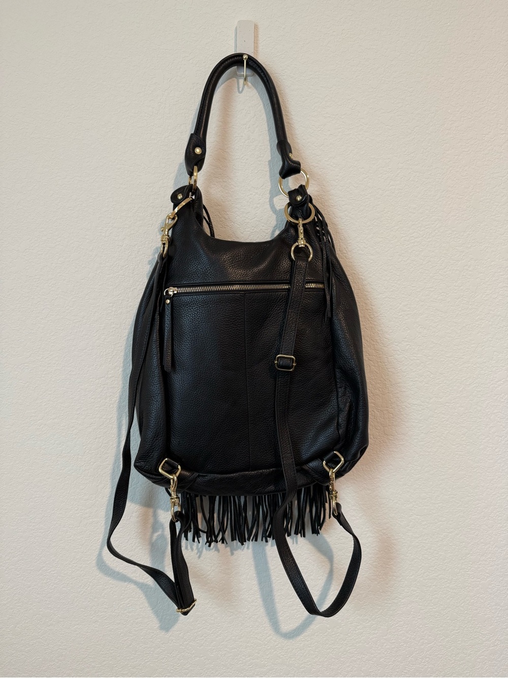 G.I.L.I. Black Leather Fringe Hobo Bag Backpack with Gold Hardware Accent - Picture 3 of 7